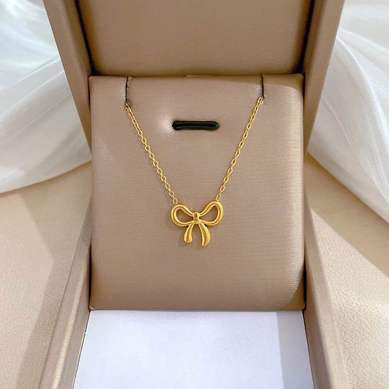 Whole Titanium Steel Mori Style Bowknot Minimalist Style Real Gold Clavicle Necklace For Women - Velora