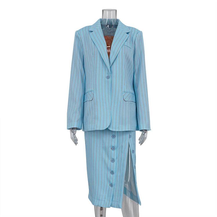 Striped Mid-length Dress Set Women's Lapel Long Sleeve - Velora
