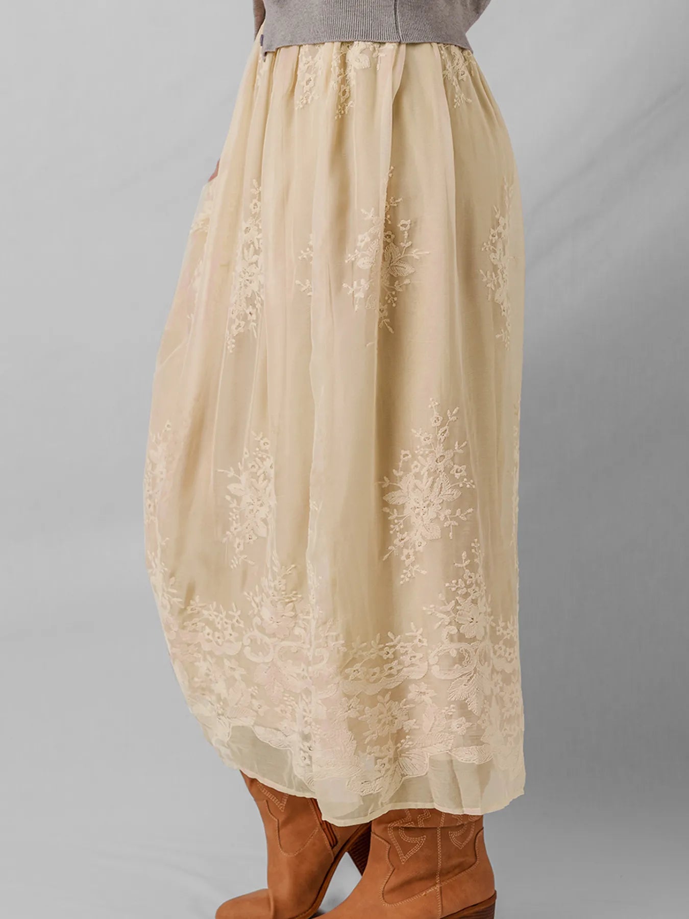 Embroidered Mesh Overlay Flowy Midi Skirt - Velora