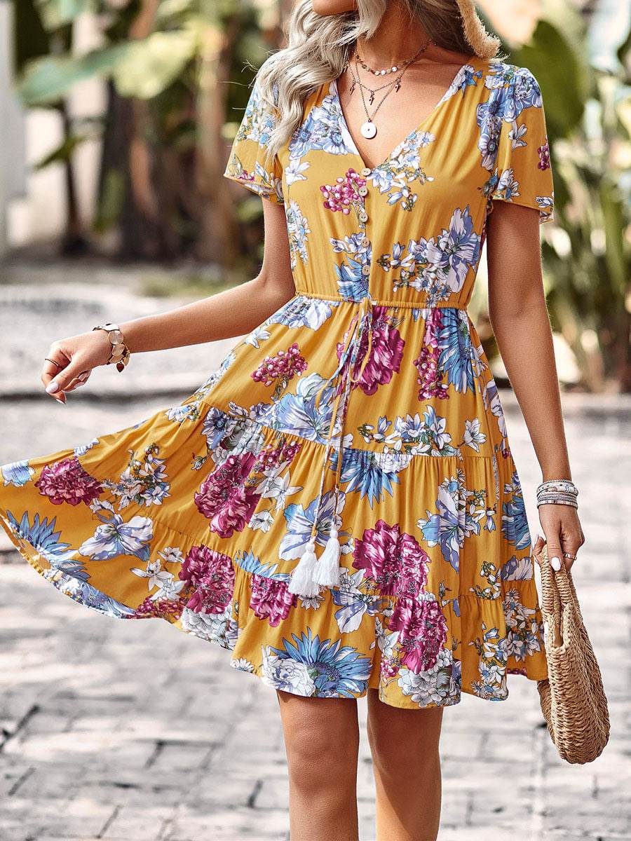 Women Casual floral summer dress Printed V-neck short sleeve Mini Dress - Velora