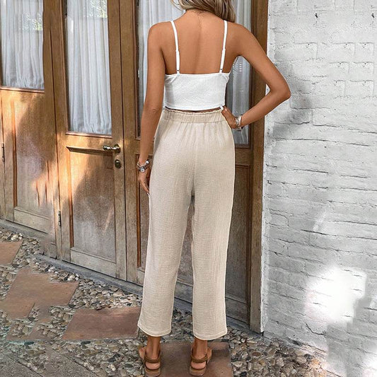 Women's Summer 2-Piece Outfit Sleeveless Lace Vest Top And Casual Elastic Waist Pants - Velora