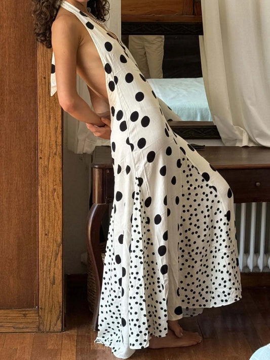 Backless Halter Neck Polka Dot Maxi Dress - Velora