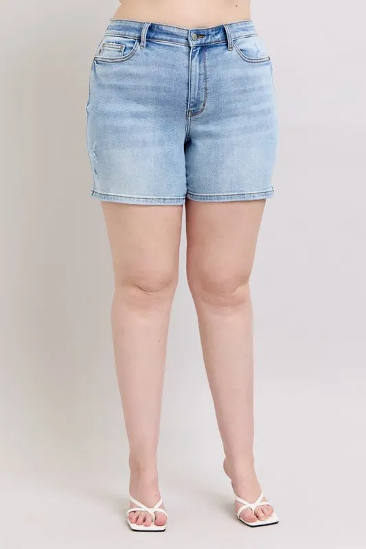 Judy Blue Full Size Mid Rise Washed Denim Shorts Plus Size - Velora