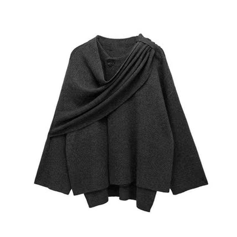 Solid Knitted Cardigan With Asymmetrical Scarf Design Fashion Short Coat Women Overcoat Jacket Winter - Velora