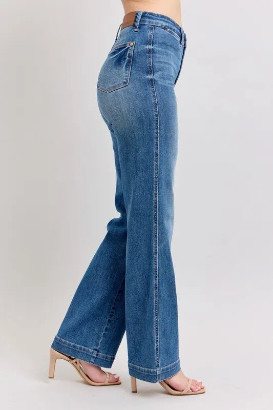 Judy Blue Full Size High Waist Contrast Thread Straight Plus Size - Velora