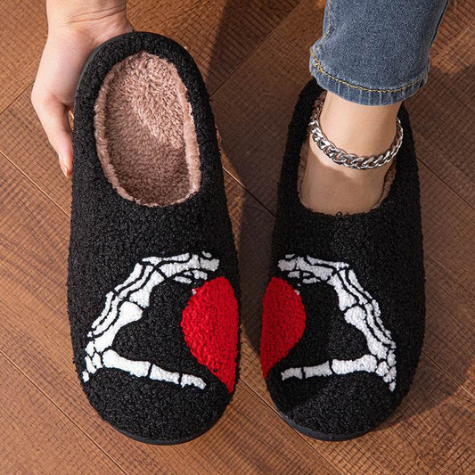 Funny Halloween Love Skull-hand Slippers Home Non-slip Soft Bottom Cotton Floor Bedroom Slippers Winter Warm House Shoes For Women Men - Velora