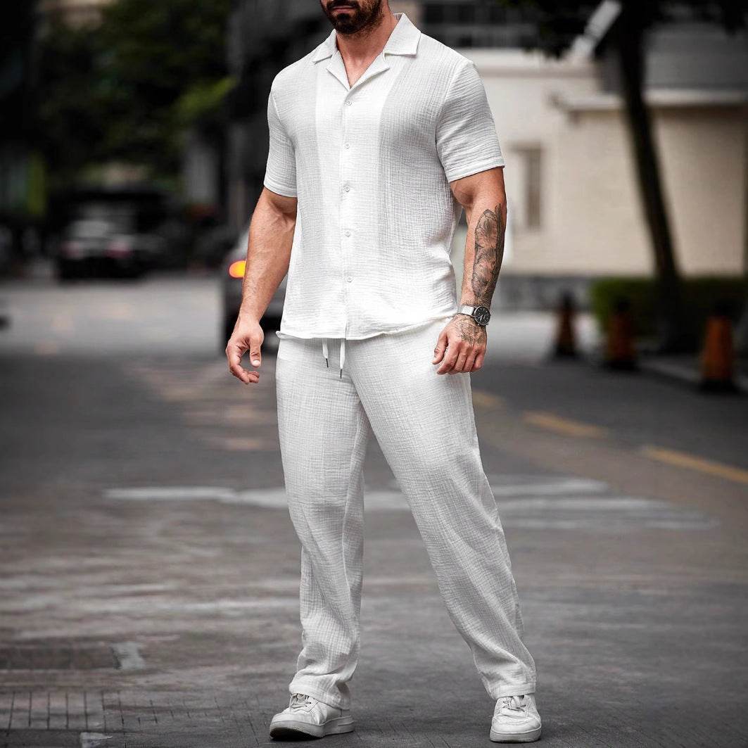 Polo Collar Solid Color Short Sleeve Button Trousers Men's Casual Shirt Outfit - Velora