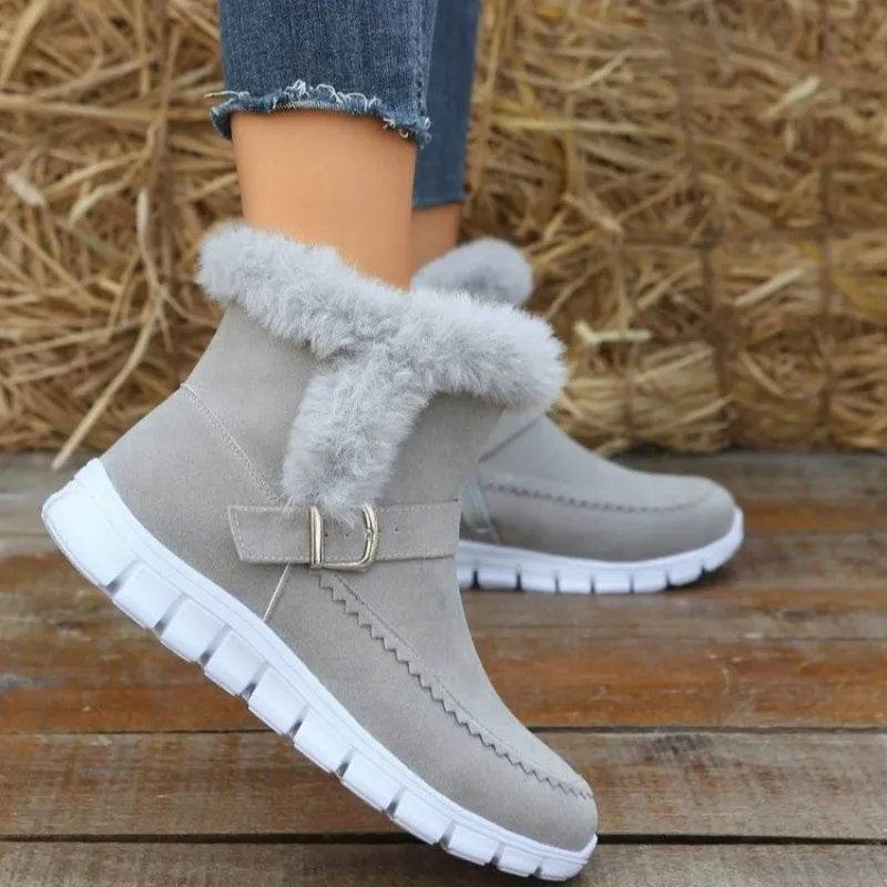 New Snow Boots Winter Warm Thickened Solid Color Plush Ankle Boots With Buckle Design Plus Velvet Flat Shoes For Women - Velora