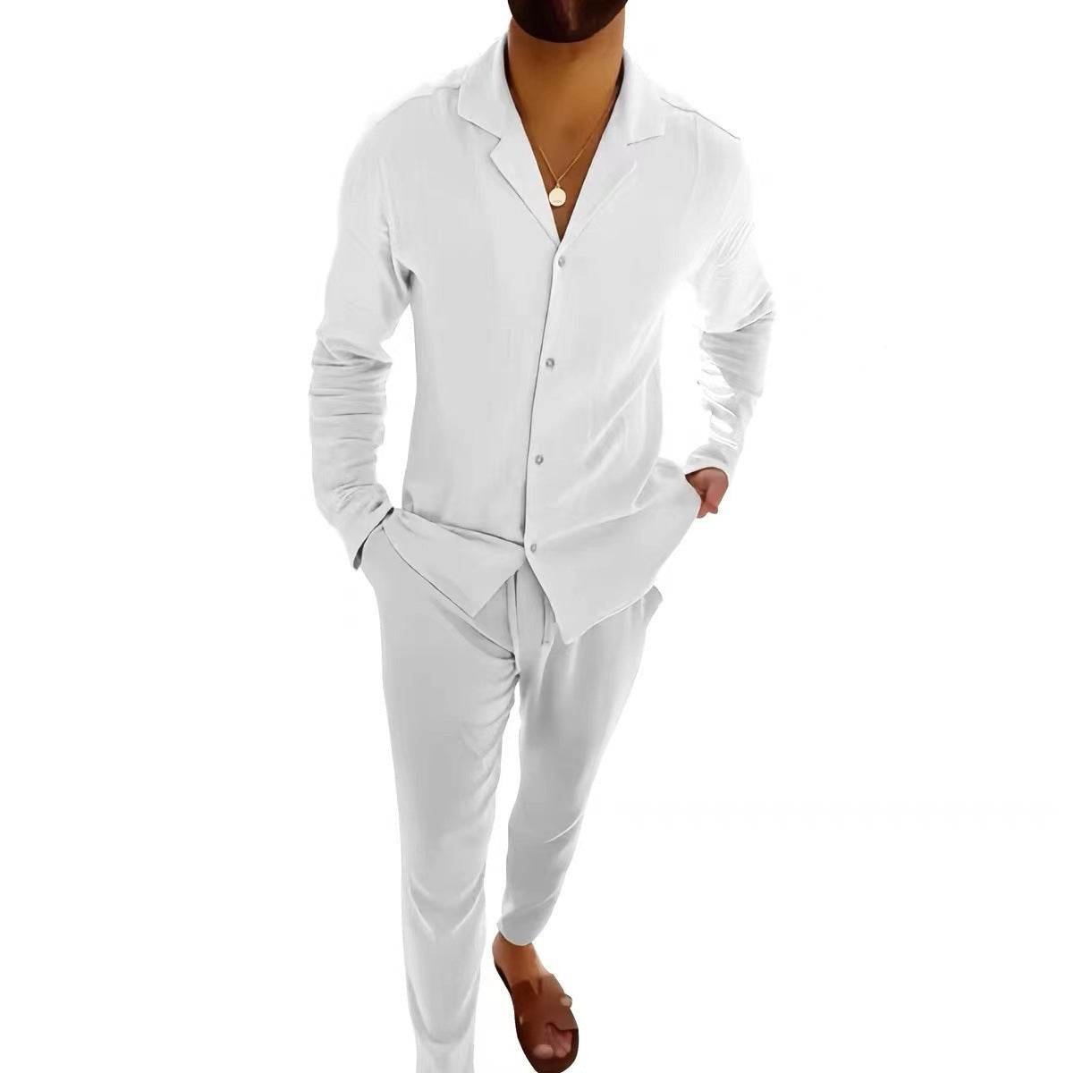 Casual Long-sleeved Suits Fashion Lapel Single-breasted Shirt Top And Slim-fit Trousers Men Clothing - Velora
