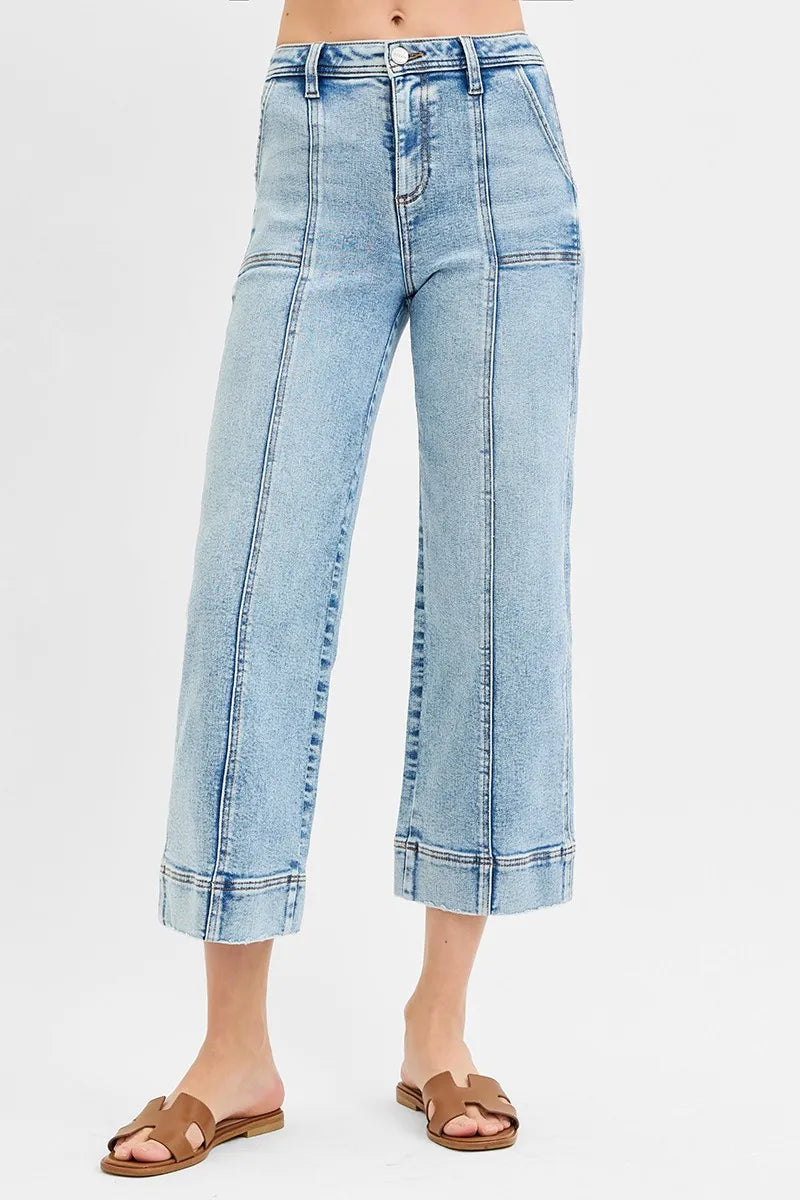 RISEN Full Size High Rise Crop Wide Front Seam Detailed Jeans Plus Size - Velora