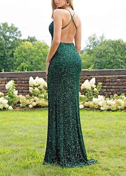 Sequined Lace Back Hollow Out See-through V-neck Dress - Velora