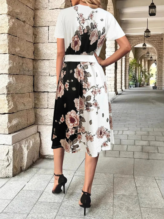 Floral Print Midi Dress with Short Sleeves - Velora