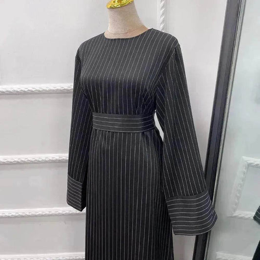 Fashionable Stripe Tunneled Abaya Dress for Elegant Arab Dubai Turkey Middle Eastern women. - Velora