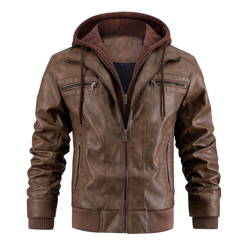 Hooded Jacket With Zipper Pockets Fashion Warm Pu Leather Coat Mens Clothing - Velora