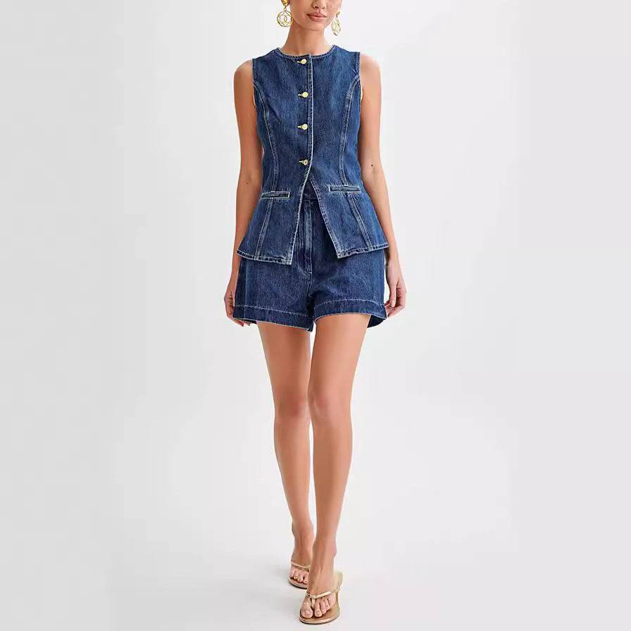 Fashion Denim Suit Summer Casual Sleeveless Button Vest Top And High Waist Shorts Set For Womens Clothing - Velora