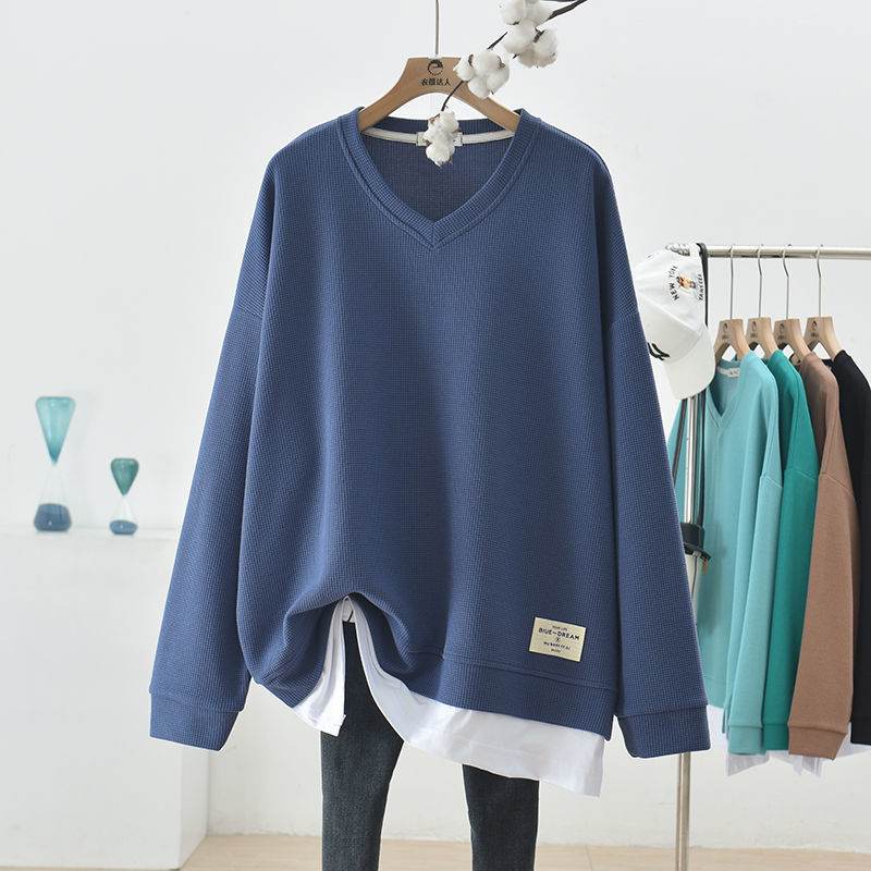 Waffle Stitching False Two-piece Sweaters Women's Autumn Loose Oversized Long Sleeves V-neck - Velora