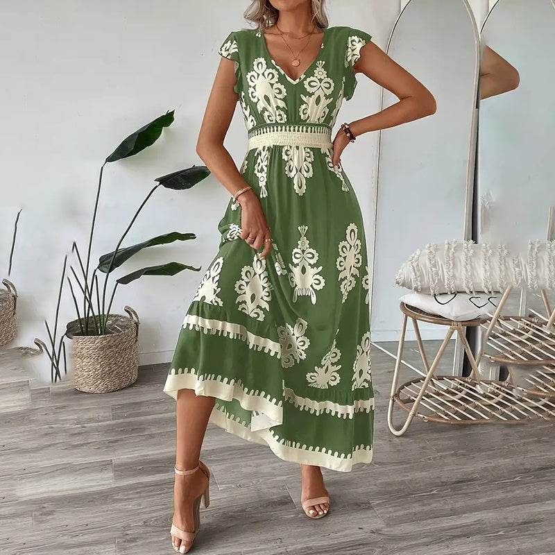 Women's Summer Flowy Maxi Dress Casual Cap Sleeve V Neck Smocked Waist Beach Sundress - Velora