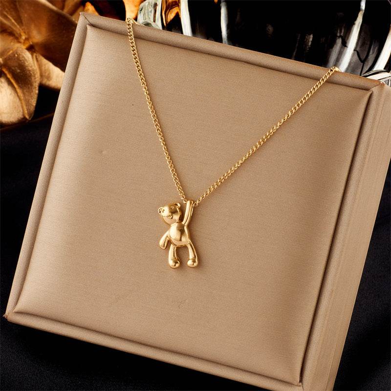 Cute Cartoon Three-dimensional Bear Necklace Titanium Dteel Chain Versatile Pendant Necklace - Velora