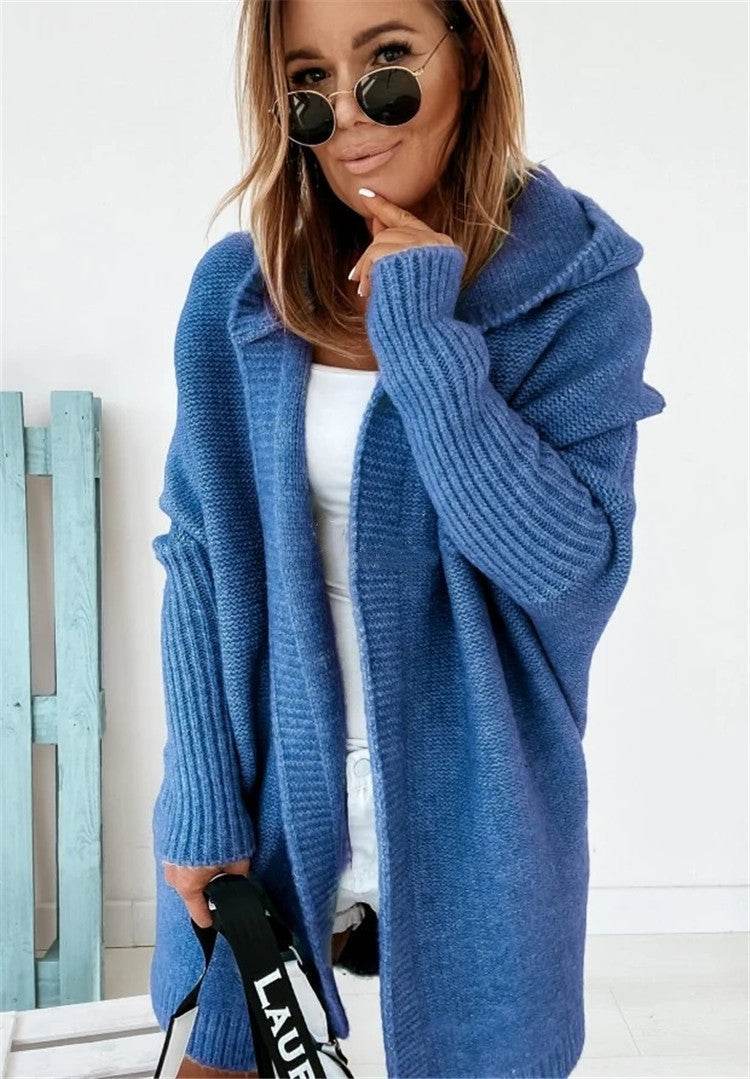 Fashion Bat Sleeve Hooded Cardigan Oversized Loose Temperament Solid Color Sweater Womens Clothing - Velora