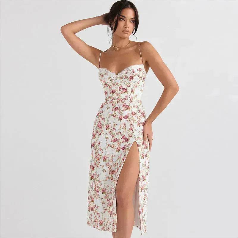 Women's Floral Spaghetti Strap Cami Dress Lace Trim Side Slit Bodycon Midi summer Dress - Velora