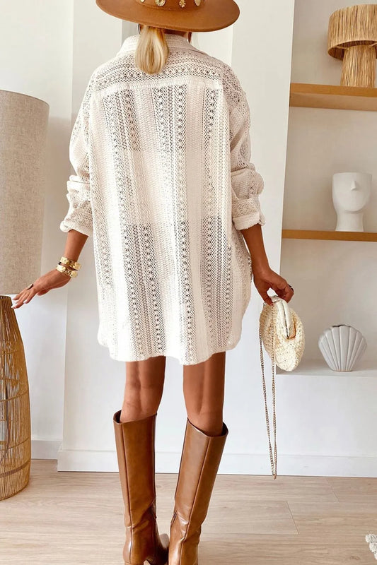 Lace Crochet Collared Neck Oversized Shirt - Velora