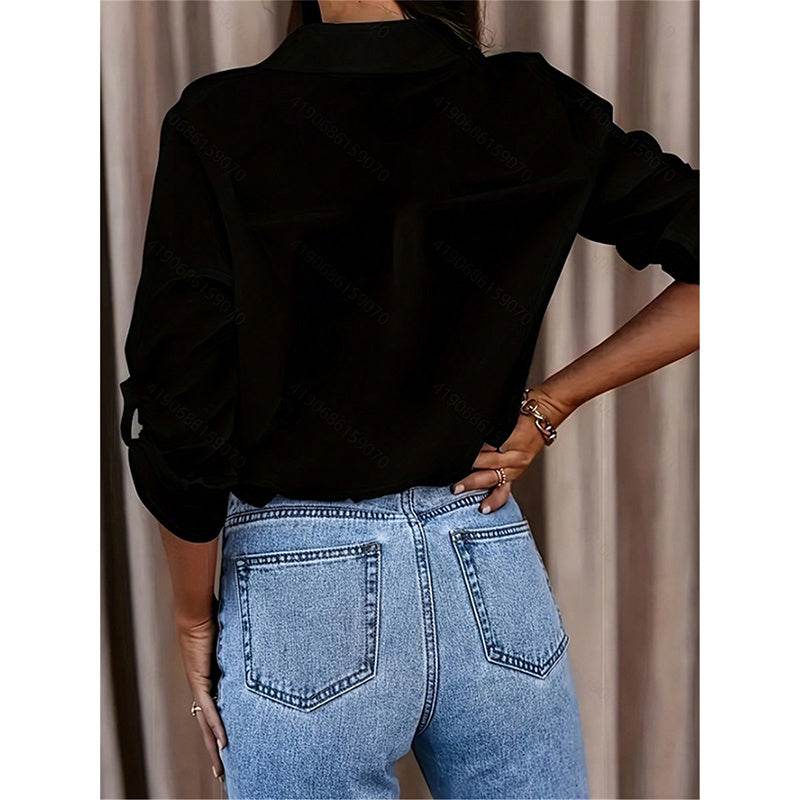 Women's Casual Long Sleeve Button-Down Shirt With Roll-Up Sleeves, Stylish Mid-Length Blouse For Everyday Wear - Velora