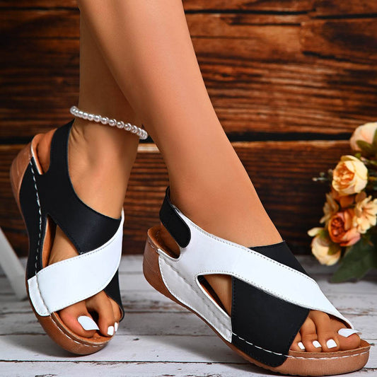 Summer Wedges Sandals With Colorblock Cross-strap Design Casual Thick-soled Roman Shoes For Women - Velora