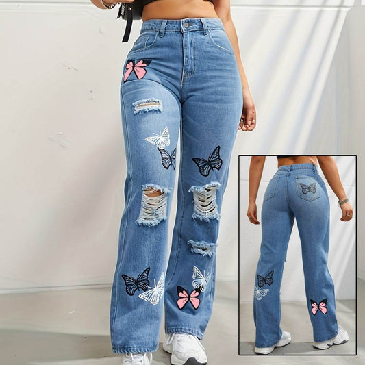High Waisted Straight Leg Jeans For Women Trendy Butterfly Print Ripped Distressed Denim Pants - Velora