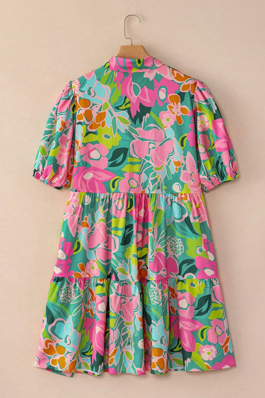 Printed Collared Neck Puff Sleeve Mini Dress - Velora