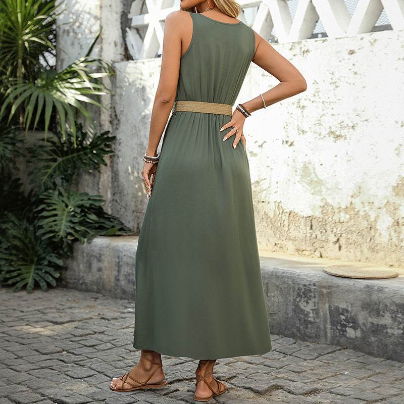 Summer Round-neck Sleeveless Split Dress With Button Design Fashion Solid Beach Long Dresses For Women Clothing - Velora