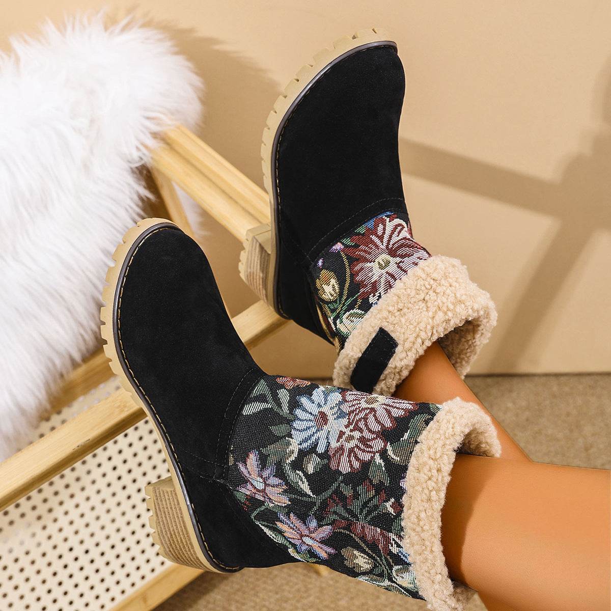 Flowers Embroidered Snow Boots Ethnic Style Platform Thick Square Heel Mid-tube Boot Winter Warm Cotton Shoes For Women - Velora