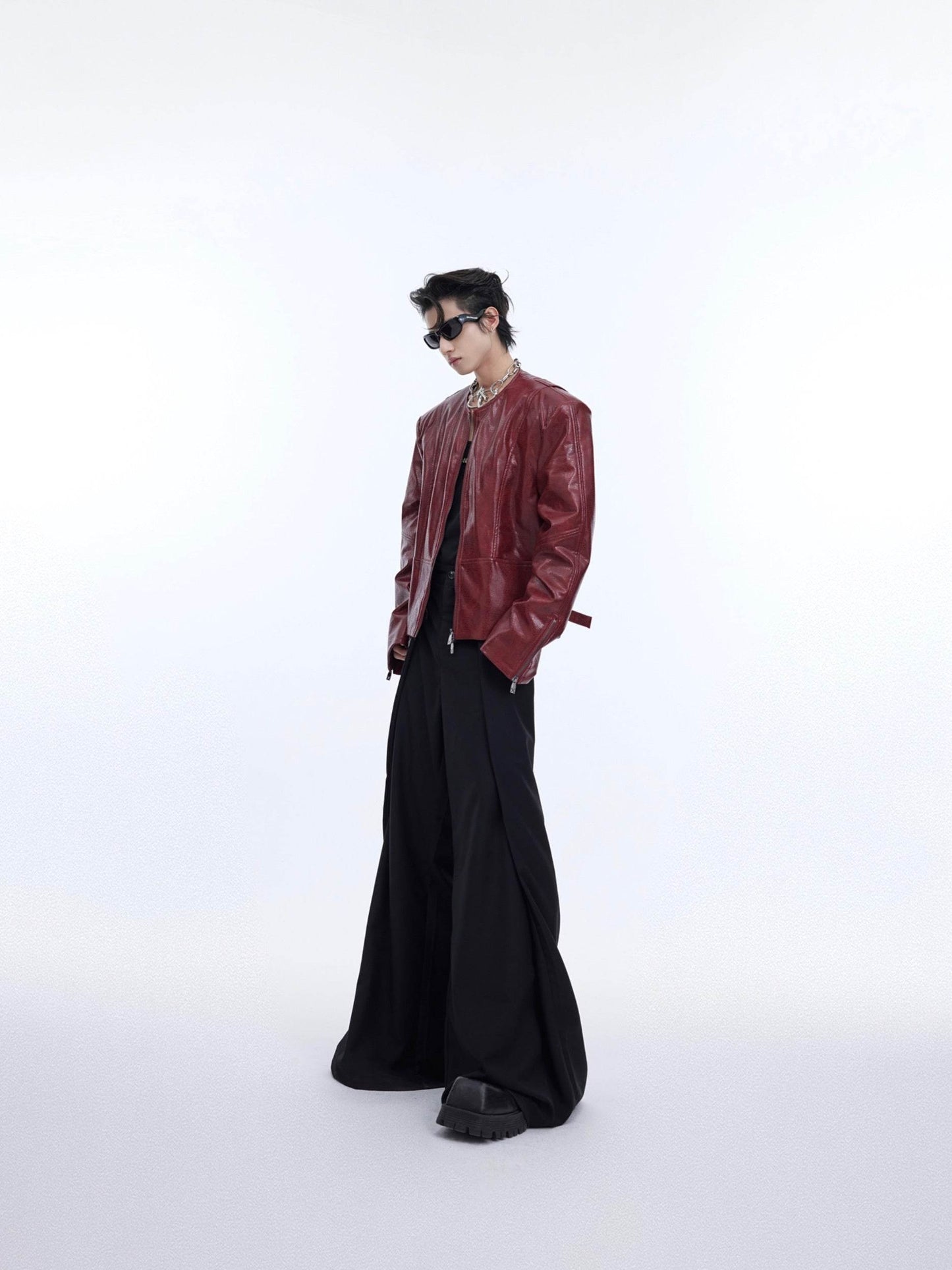 Texture Sense Padded Shoulder Leather Coat Men - Velora