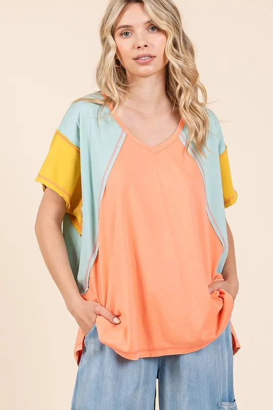 Mittoshop Color Block V-Neck Short Sleeve T-Shirt - Velora