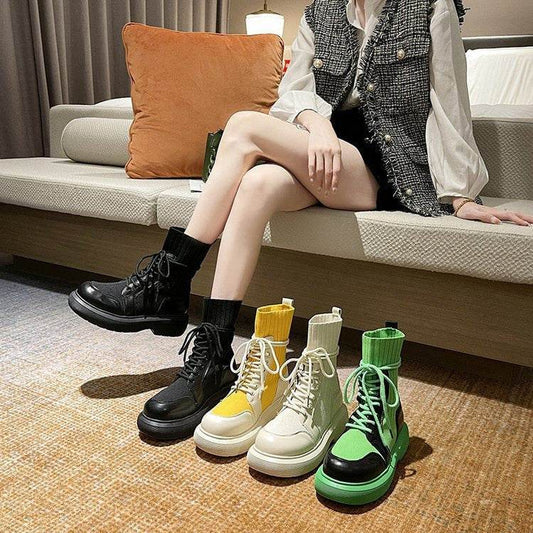 Green Martin With Lace-up Thick-bottomed Heightening Straps Boots - Velora