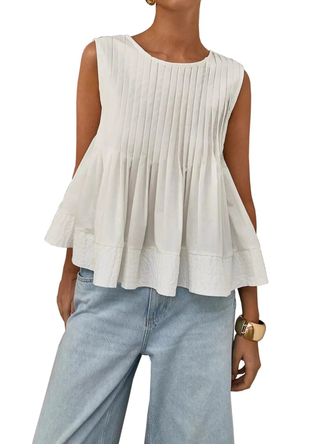 Pleated Peplum Round Neck Sleeveless Top - Velora