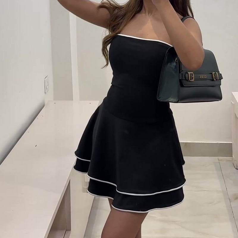 Black Sleeveless Dress Summer Spring Fashion Tube Ruffle Skirt With White Edge Mini Dress - Velora