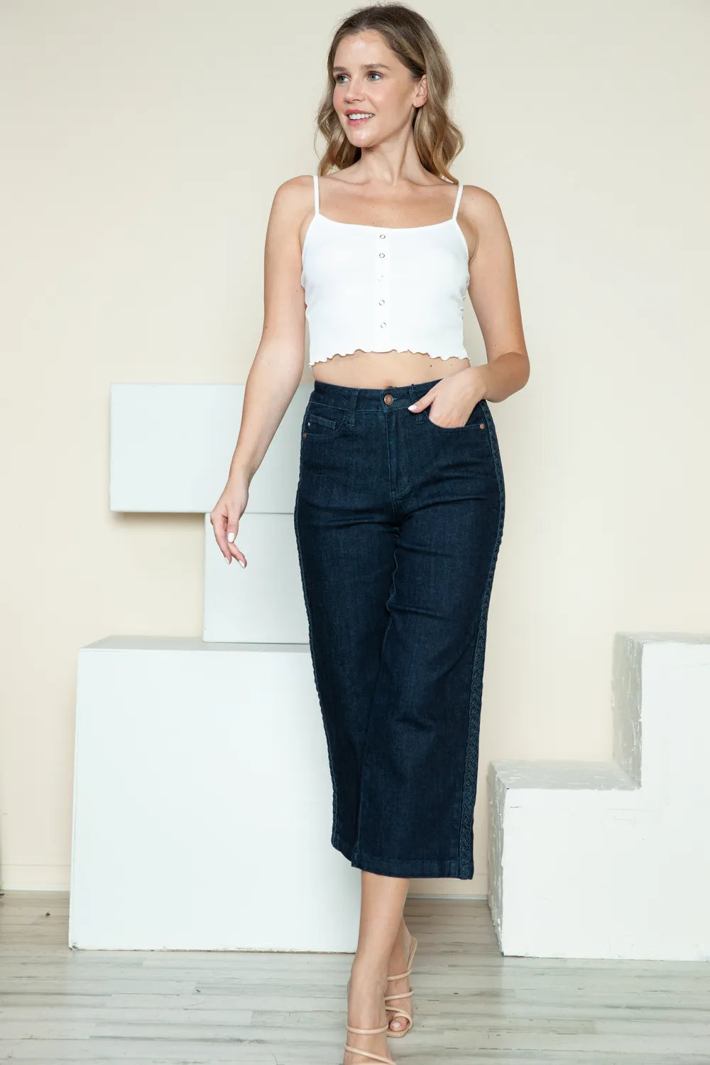 Judy Blue Full Size Side Seam Braid Detail Crop Wide Leg Jeans - Velora