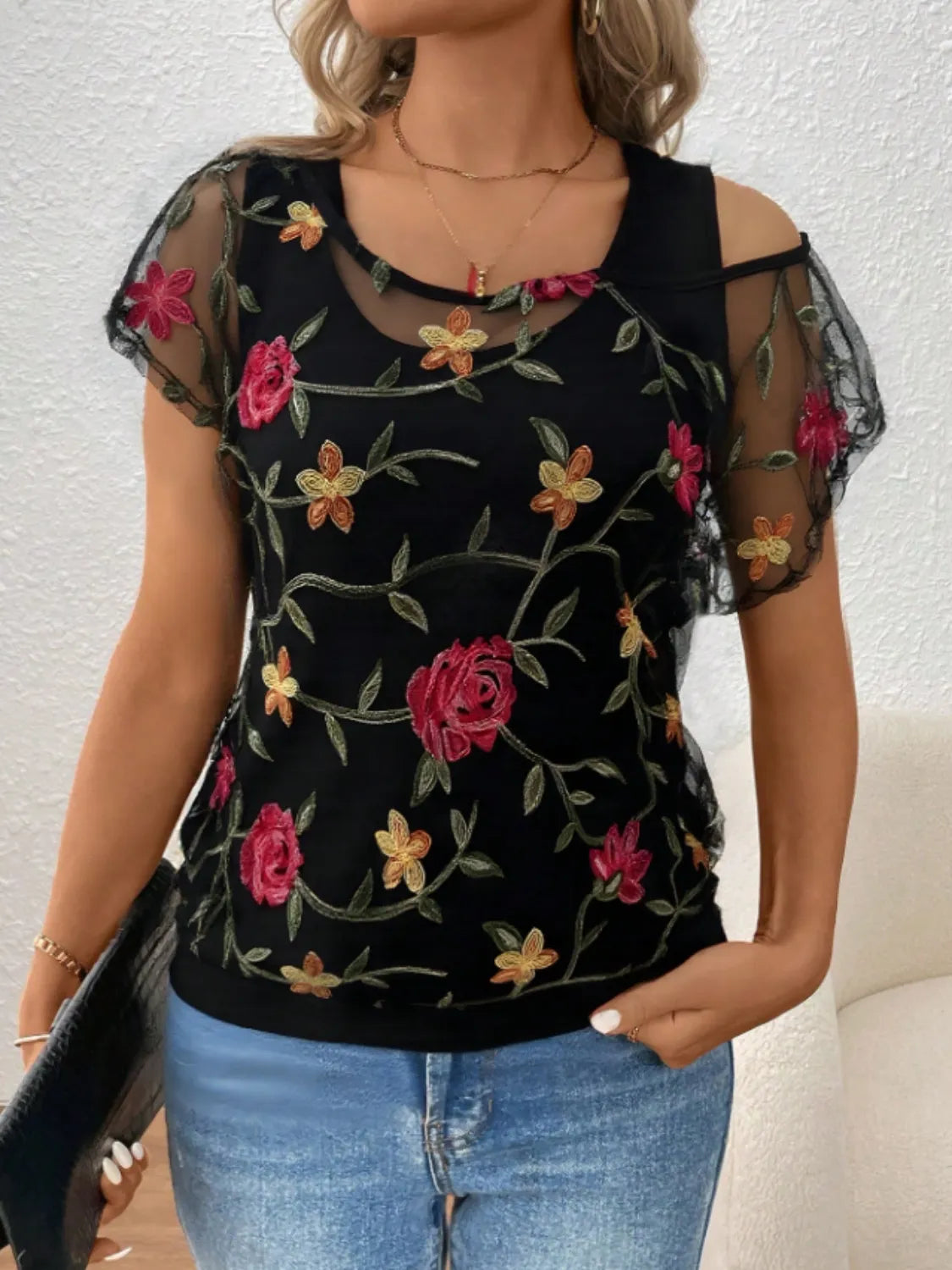 Floral Short Sleeve Sheer Top - Velora