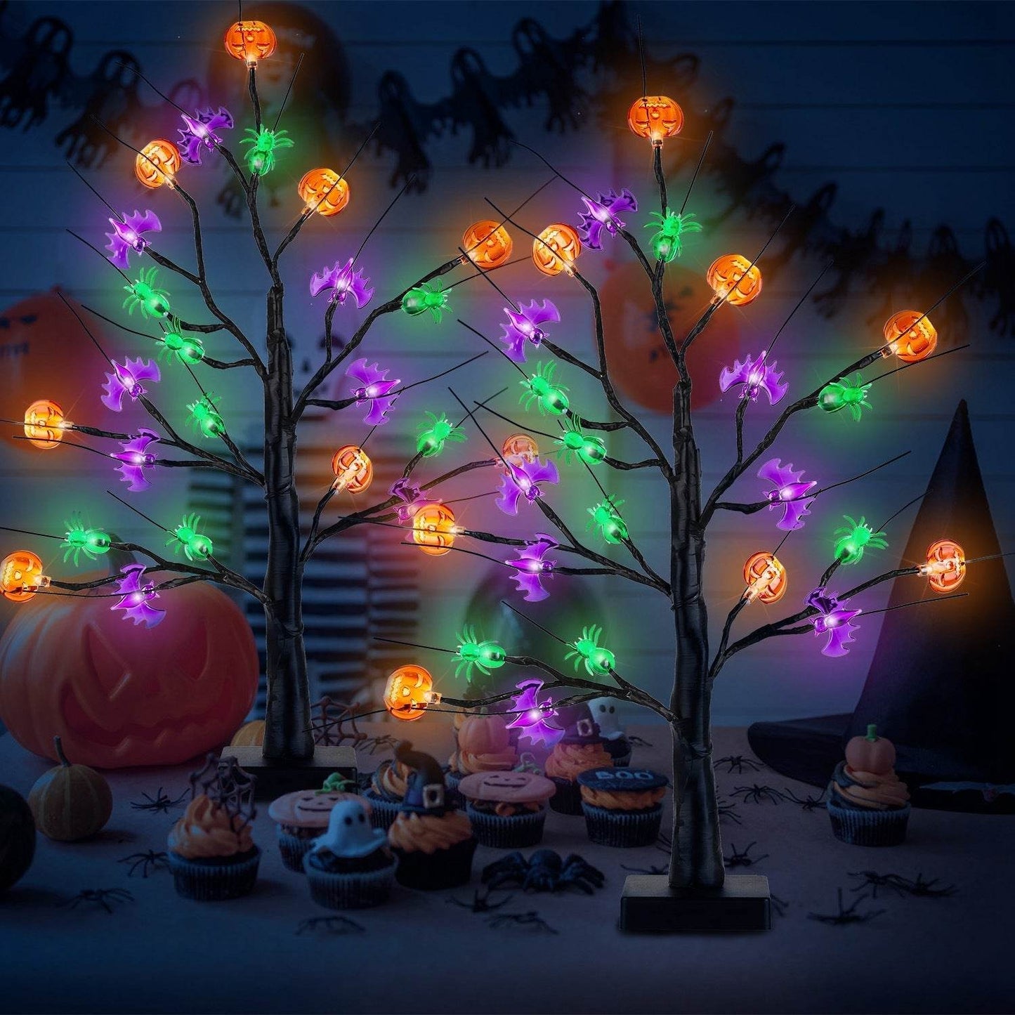 2Pack 1.97FT Lighted Halloween Trees Halloween Indoor Decorations Black Halloween Tree Lights With Timer Adjustable Twigs For Tabletop Party - Velora