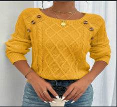 Square Neck Knitted Sweater With Button Design Winter Warm Long Sleeve Tops Women's Clothing - Velora