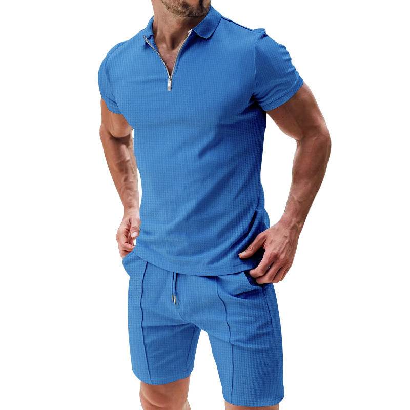 2Pcs Casual Waffle Suit Summer Zipper Lapel Short-sleeved Top And Drawstring Pockets Shorts Versatile Solid Color T-shirt Set For Mens Clothing - Velora