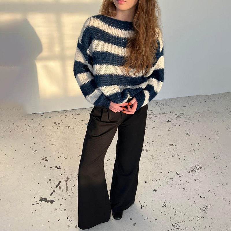 Loose Striped Pullover Sweater Fashion Versatile Long-sleeved Knitted Tops For Women Clothing - Velora
