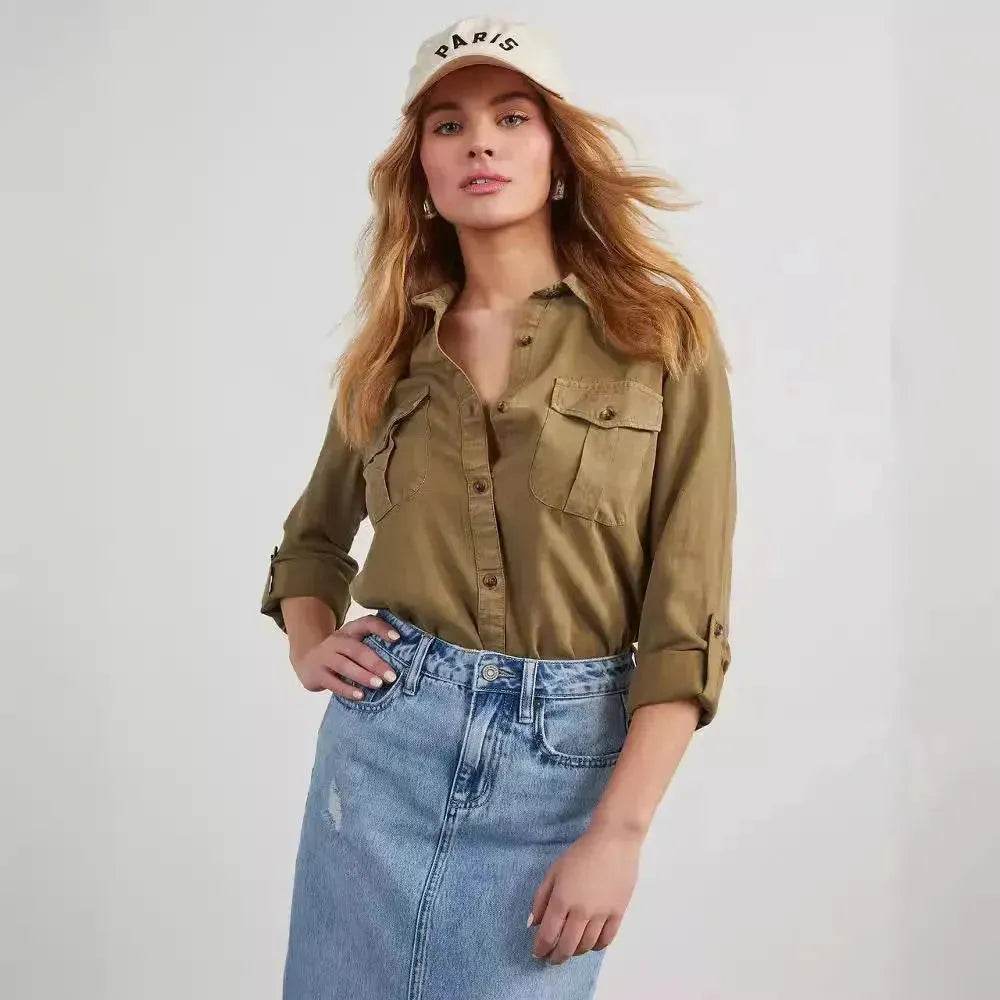 Formal Work Denim shirts for women Leisure Lapel Single Breasted Women's Long Sleeve Denim Shirt Women button down shirts - Velora