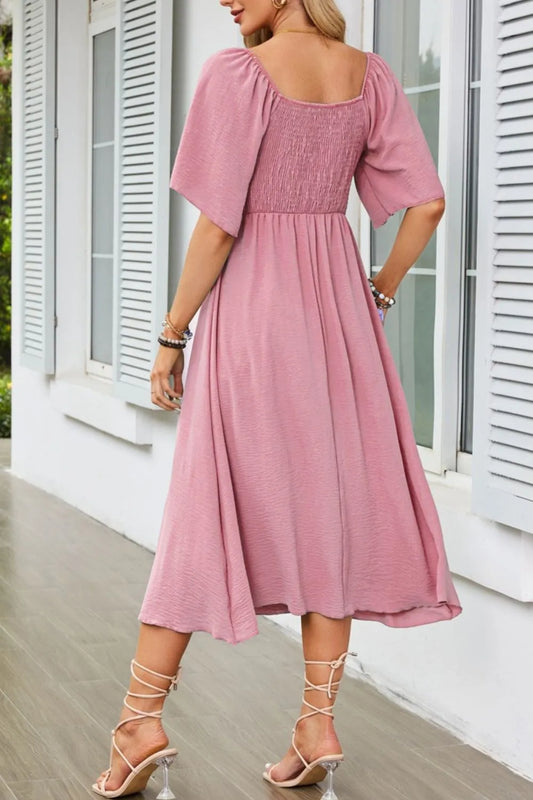 Smocked Tie Front Flutter Sleeve Midi Dress - Velora