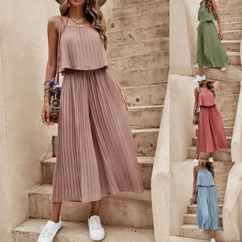 Women's Summer Solid Color Vacation Loose Suit Strap Backless Thin Romper Streetwear INS One-Piece Outfit Beach Style Striped Wide Leg Trousers Casual Suit - Velora