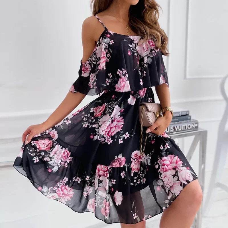 Flower Printed Ruffled Suspender Dress Summer Off-the-shoulder Strap Dresses Women - Velora