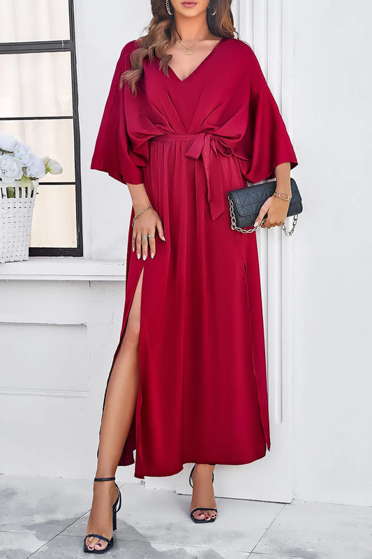 Devine Slit Tied V-Neck Three-Quarter Sleeve Dress - Velora