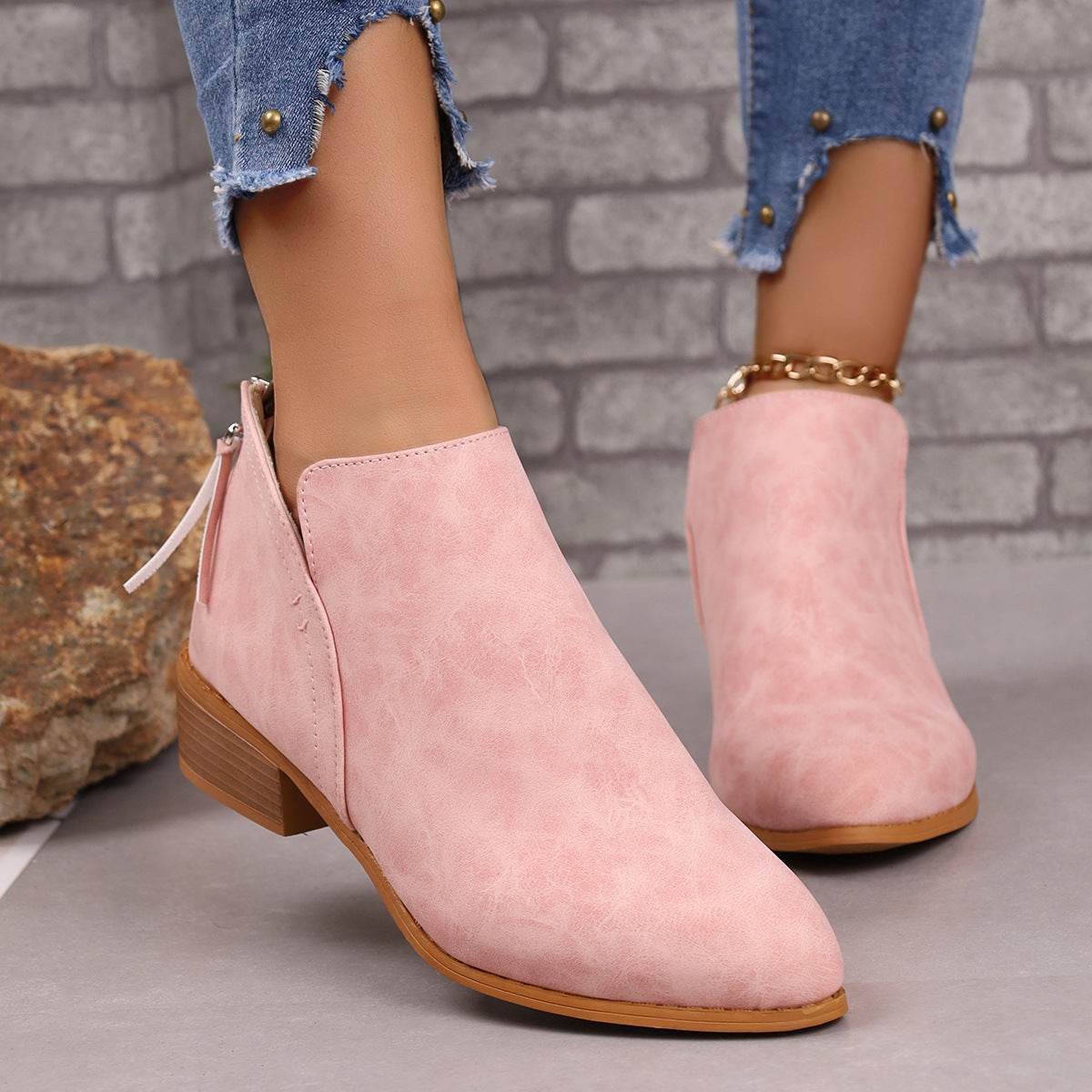 Chunky Heel Pointed Toe Ankle Boots With V-cut Design Fashion Fall Winter Short Boots For Women Shoes - Velora