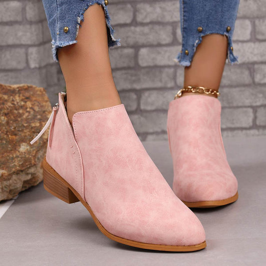 Chunky Heel Pointed Toe Ankle Boots With V-cut Design Fashion Fall Winter Short Boots For Women Shoes - Velora