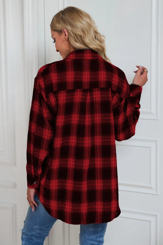Plaid Button Up Dropped Shoulder Outerwear - Velora